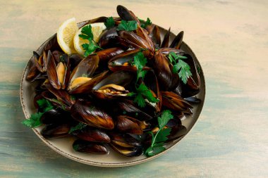 Fresh, Boiled mussels, Black Sea, with parsley and lemon, no people,