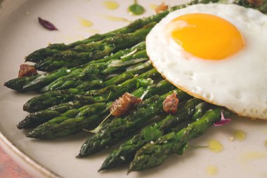 ızgara kuşkonmaz, kızarmış yumurta, baharat ve otlar, parmesan peyniri, bej bir tabakta, üst manzara, kırsal, insan yok.