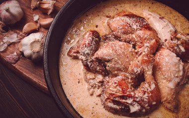 Shkmeruli, fried chicken, in milk-garlic sauce, Georgian cuisine, homemade, close-up, no people,