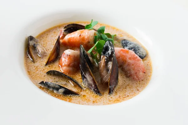 Seafood, shrimp and mussels, in creamy garlic sauce, homemade, no people,