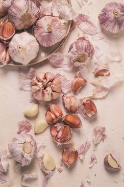 Fresh garlic on a white background, top view, food concept,