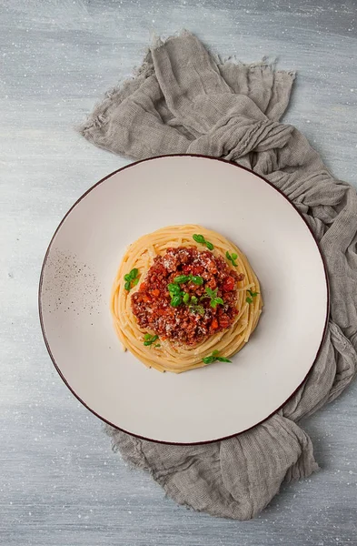 Spaghetti Bolognese Top View Close People Homemade — Stock Photo, Image