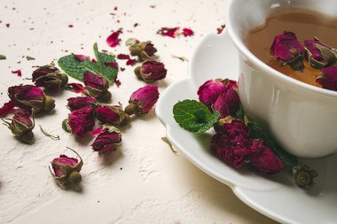 cup of tea, damask rose, pink tea, close-up,