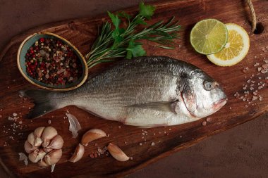 Taze, çiğ dorado balığı, üst manzara, insan yok.,