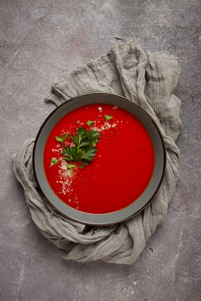 tomato soup with herbs and spices, homemade, no people,