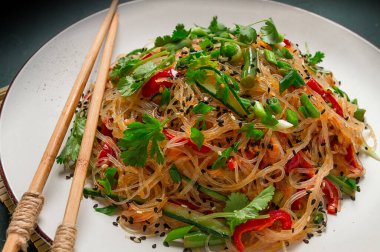 Funchosa, Korean salad, with vegetables, homemade, no people,