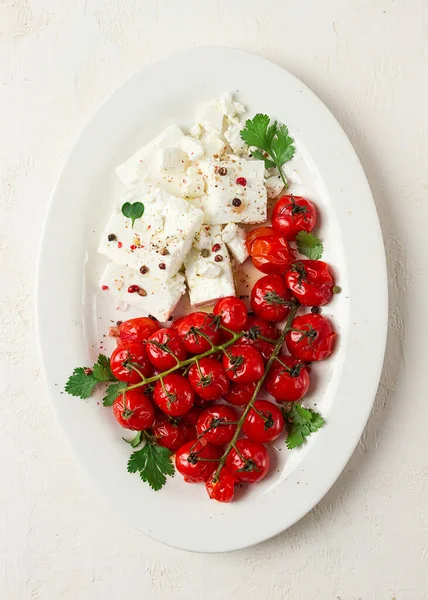 Baked Cherry Tomatoes Cheese Spices White Plate Homemade People — Stock Photo, Image