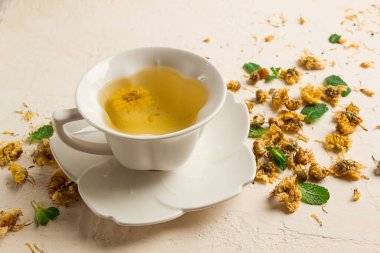 Chrysanthemum tea, drink, white cup, mint, chrysanthemum buds, close-up, no people,