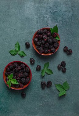 İki kase taze, olgun böğürtlenli, yapraklı, manzaralı, insan yok.,