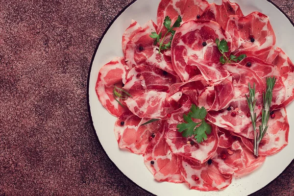 Sliced Cured Ham Prosciutto Italian Dish Delicacy Parma Ham Top — Stock Photo, Image