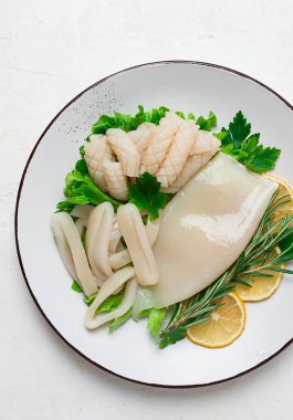 Taze mürekkep balığı, çiğ, leş, halka şeklinde kesilmiş, üst görünüm, insan yok.,