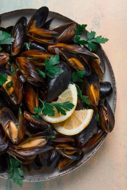 Fresh, Boiled mussels, Black Sea, with parsley and lemon, no people,