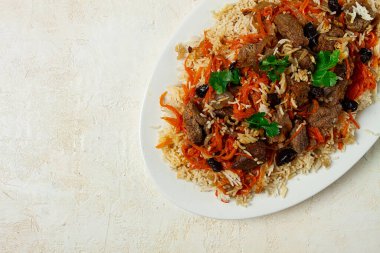 Kabuli pulao, pilav, Afganistan 'ın ulusal yemeği, etli pirinç, ev yapımı, insan yok.,