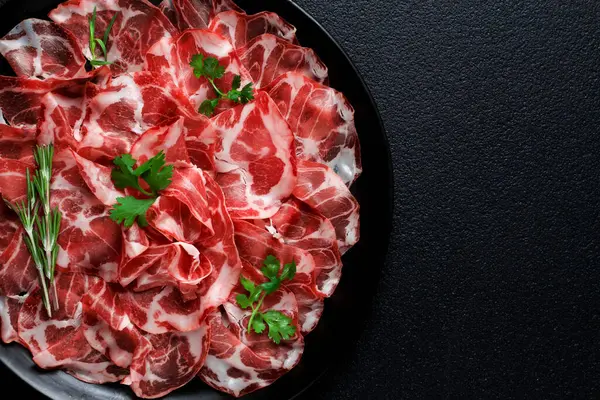 sliced cured ham, prosciutto, italian dish, delicacy, parma ham, top view, no people,