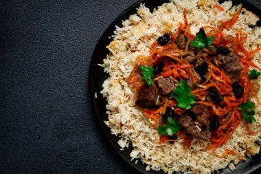 Kabuli pulao, pilav, Afganistan 'ın ulusal yemeği, etli pirinç, ev yapımı, insan yok.,