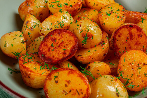 Baked new potatoes, with butter and dill, homemade, no people,