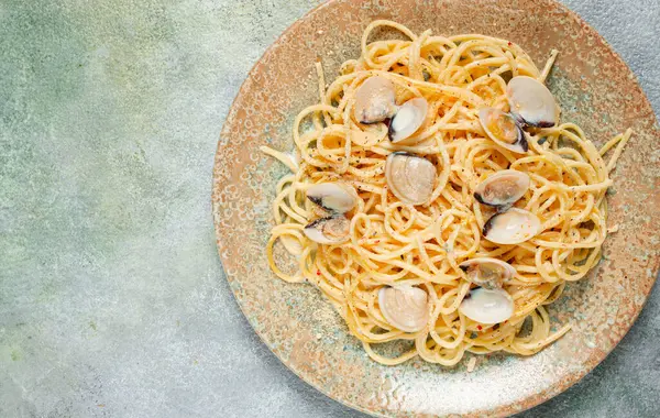 Spaghetti Vongole Venerki Fatto Casa Senza Persone Immagine Stock