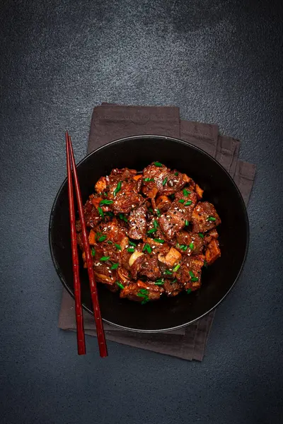 stock image bulgogi, with mushrooms,, with sesame seeds and green onions, Korean cuisine, homemade, no people,