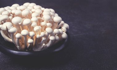 Taze beyaz shimeji mantarları, siyah tabakta, insan yok..