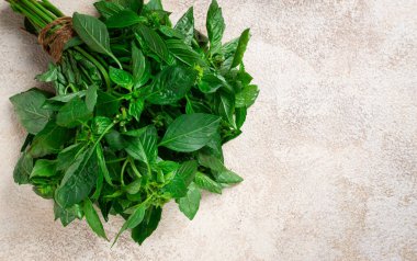 Bir buket taze yeşil fesleğen, masanın üstünde, üst manzara, insan yok.,