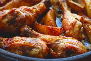 Patates dilimli kızarmış tavuk budu, fırında pişirilmiş, baharatlı, ev yapımı, insan yok.,