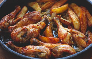 Patates dilimli kızarmış tavuk budu, fırında pişirilmiş, baharatlı, ev yapımı, insan yok.,