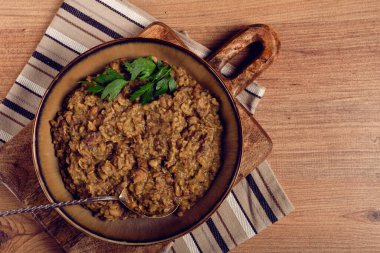 Lobio, geleneksel bir Gürcü yemeği, haşlanmış fasulye, ev yapımı, insan yok.,