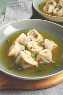 Cappelletti tavuk suyunda et, mantı etli, ev yapımı, insan yok.,