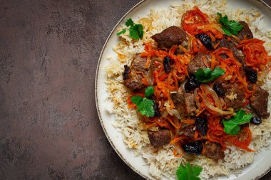 Kabuli pulao, pilav, Afganistan 'ın ulusal yemeği, etli pirinç, ev yapımı, insan yok.,