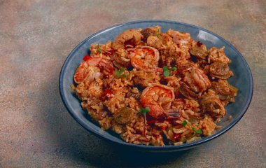 Jambalaya, Creole dish, American pilaf, rice with chicken and shrimp, vegetables, homemade, no people, clipart