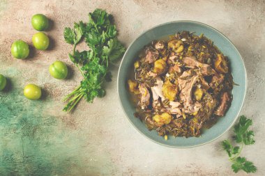 chakapuli, Georgian dish, stewed meat with herbs and tkemali, in white wine, homemade, no people, clipart