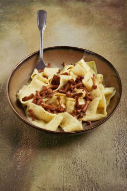 pasta papardelle, in creamy garlic sauce, with mushrooms, traditional Italian cuisine, pasta carbonara, homemade, no people, clipart