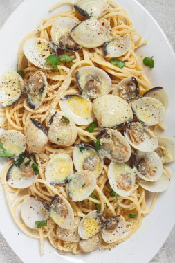 Makarna soslu spagetti, krema soslu, carbonara, beyaz tabakta, ev yapımı, üst manzara, insan yok.,