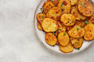 Patates dilimleri, parmesan peyniri ve baharatla fırında kızartılmış, ev yapımı, insan yok.,