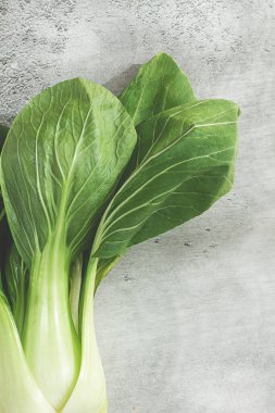 Taze bok choy, yakın plan, açık gri yüzey, üst manzara, doğal ışık,