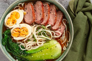 Ördek ve erişteli ramen çorbası, yumurtalı ve kakaolu, ev yapımı, insan yok.,