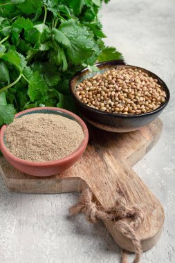 Bir sürü taze kişniş, kişniş tohumu ve toz kabı, yakın çekim, üst manzara, insan yok, yiyecek ve içecek yok.,