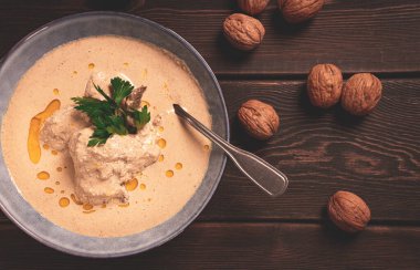 Satsivi, Georgian dish, chicken in nut sauce, cold appetizer,rustic, no people, homemade,