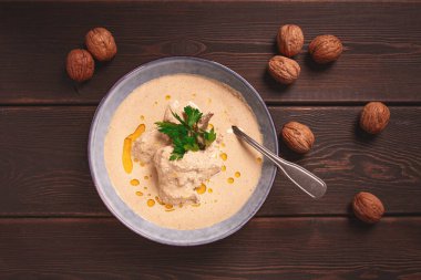 Satsivi, Georgian dish, chicken in nut sauce, cold appetizer,rustic, no people, homemade,