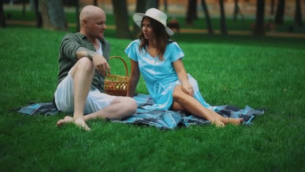 Smiling Couple Having Rest Picnic Green Meadow Young People Chilling — Vídeo de Stock