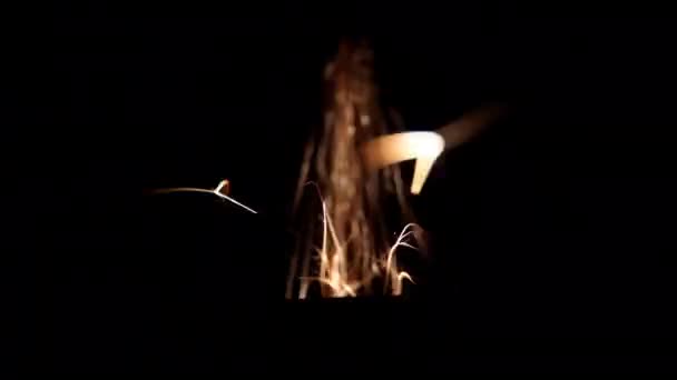 Closeup Real Firework Volcano Emitting Sparks Dark Background Pyro Glistening — Video
