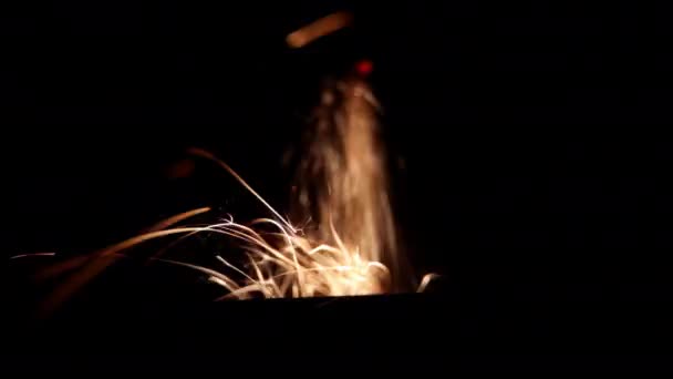Closeup Real Firework Volcano Emitting Sparks Dark Background Pyro Glistening — Video Stock