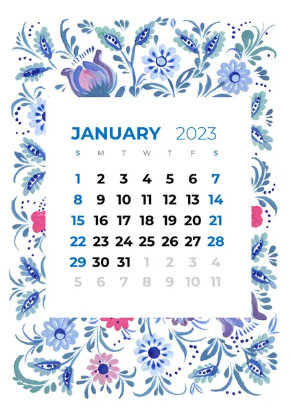 2023 Year Monthly January Calendar Illustration Flowers Leaves Blossom Floral — Stock Photo, Image