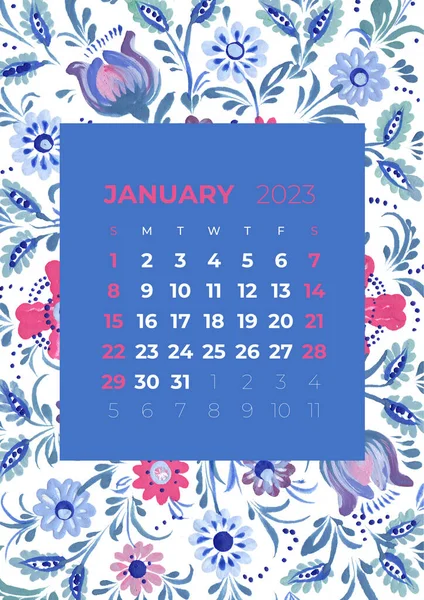 2023 Year January Monthly Calendar Illustration Flowers Leaves Blossom Floral — Stock Photo, Image