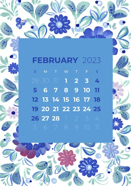 2023 Año Mensual Febrero Calendario Ilustración Flores Hojas Flor Fondo — Foto de Stock