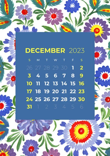 2023 Year Monthly December Calendar Illustration Flowers Leaves Blossom Floral — Stock Photo, Image