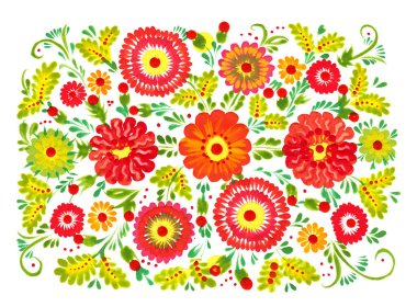 Beyaza izole edilmiş elle çizilmiş çiçek resmi. Ukrayna halk sanatı, geleneksel dekoratif resim tarzı Petrykivka. Kartlar için mükemmel baskı, dekor.