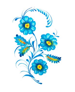 Beyaza izole edilmiş elle çizilmiş çiçek resmi. Ukrayna halk sanatı, geleneksel dekoratif resim tarzı Petrykivka. Kartlar için mükemmel baskı, dekor.
