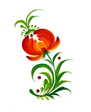 Beyaza izole edilmiş elle çizilmiş çiçek resmi. Ukrayna halk sanatı, geleneksel dekoratif resim tarzı Petrykivka. Kartlar için mükemmel baskı, dekor.