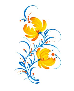 Hand-drawn floral painting isolated on white. Ukrainian folk art, traditional decorative painting style Petrykivka. Perfect print for cards, decor. clipart